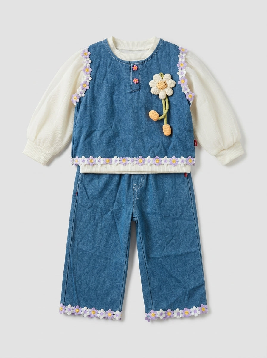 3-Piece Daisy Denim Set for Girls | Pink Flower Trim | Ages 4-5