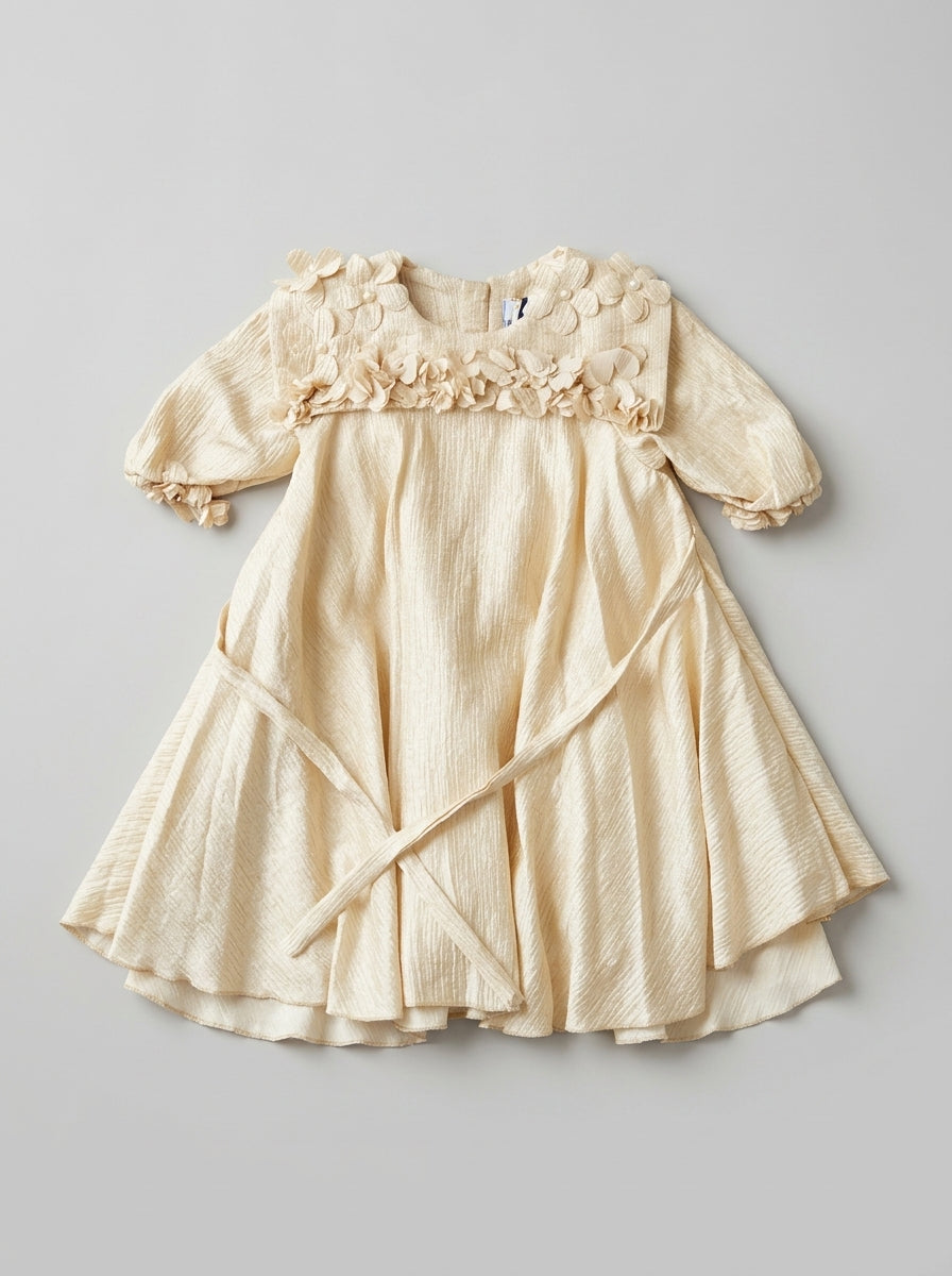Ivory Gold Shimmer Dress with 3D Flower Appliques for Girls | Ages 2-3