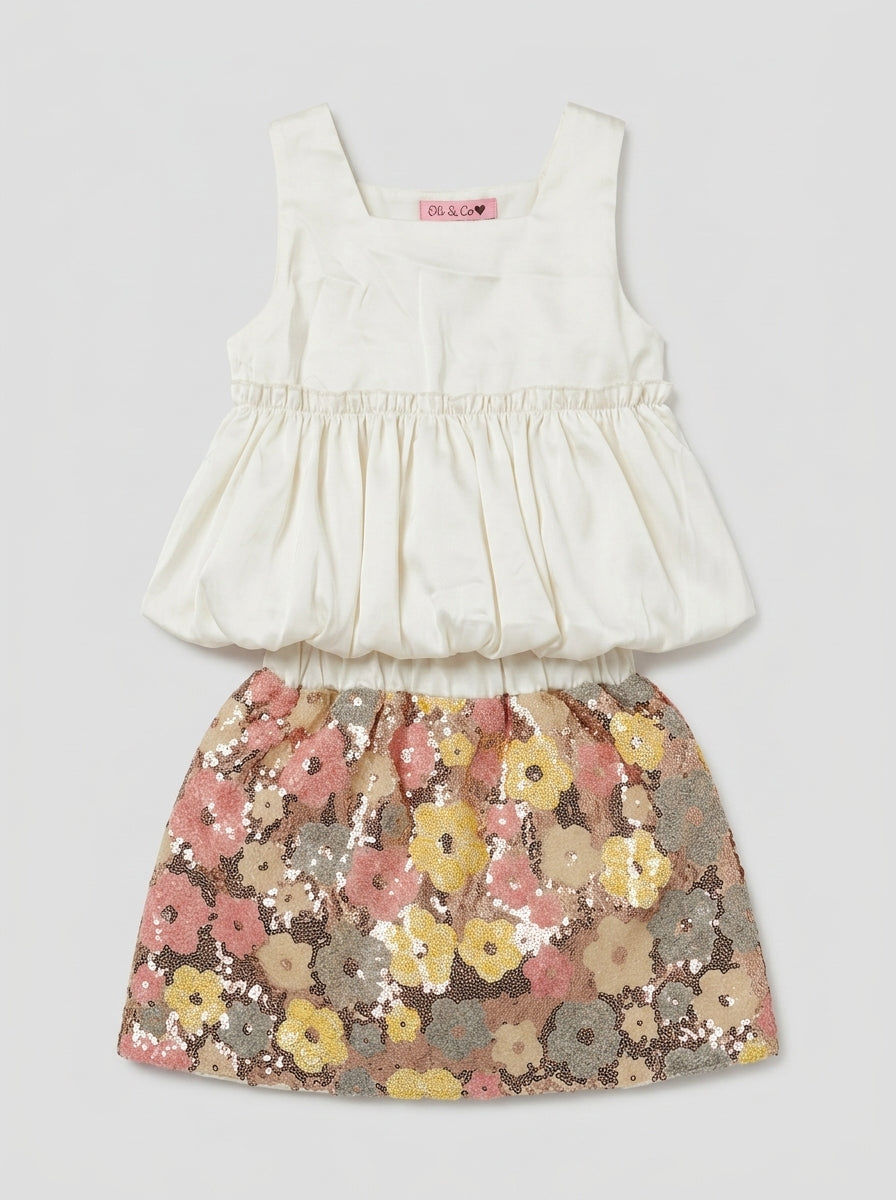 White Peplum Top and Sequin Floral Shorts Set for Girls | Ages 3-8