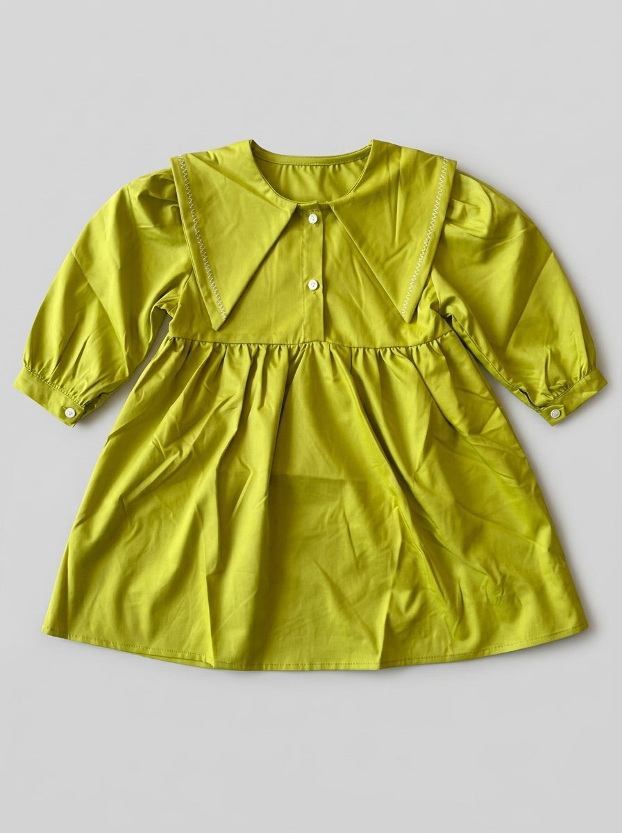 Chartreuse Yellow Wing-Collar Kids Dress | Bold Casual Dress | Ages 2-6
