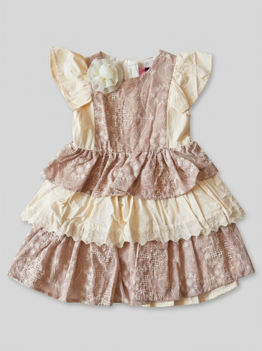 Dusty Mauve Embroidered Lace Frock with Puff Sleeves for Girls | Ages 3-6