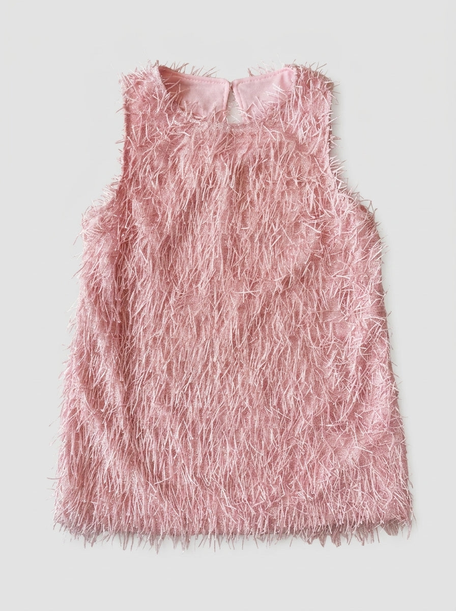 Baby Pink Feather-Fringe Sleeveless Mini Dress for Girls, Party Dress, back view, aataa kidd