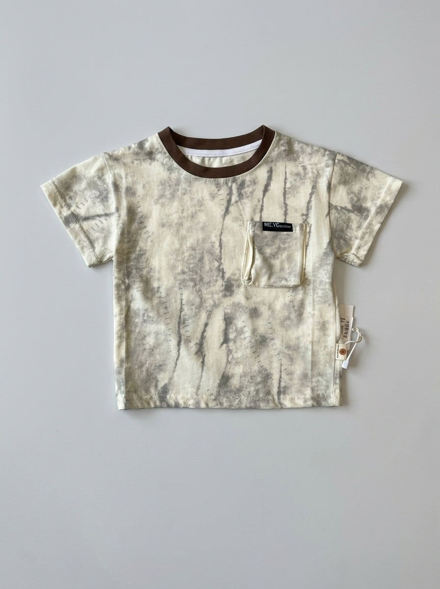 White Marble Tie-Dye Tee with MC.YC Brand Pocket | Kids Casual Top