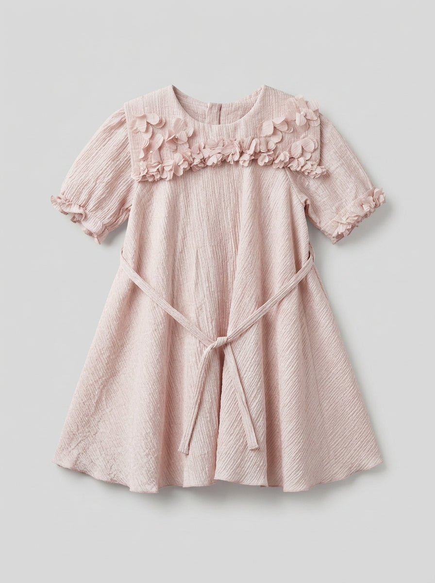 Blush Pink Shimmer Dress with 3D Flower Appliques for Girls | Ages 2-3