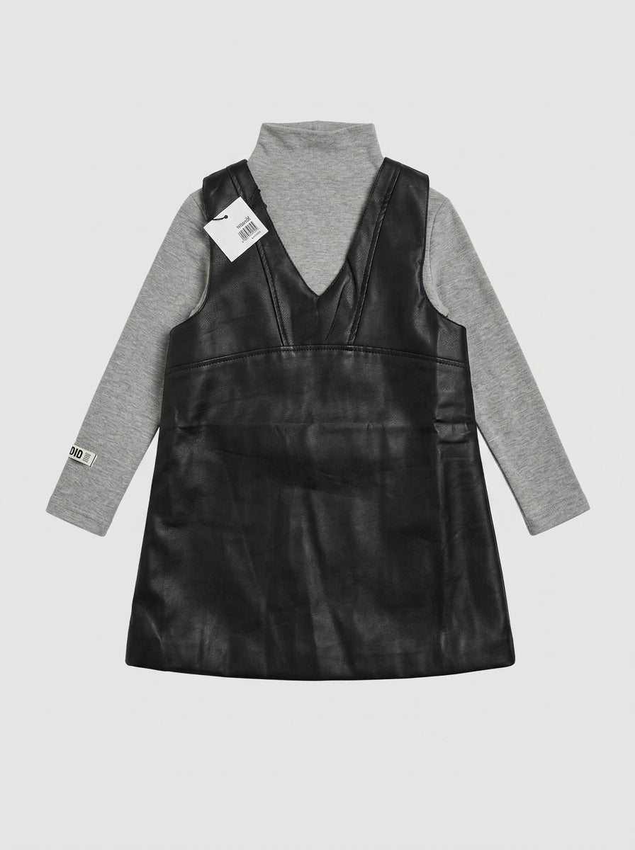 Black Faux Leather Pinafore and Grey Turtleneck Set for Girls | Ages 2-6