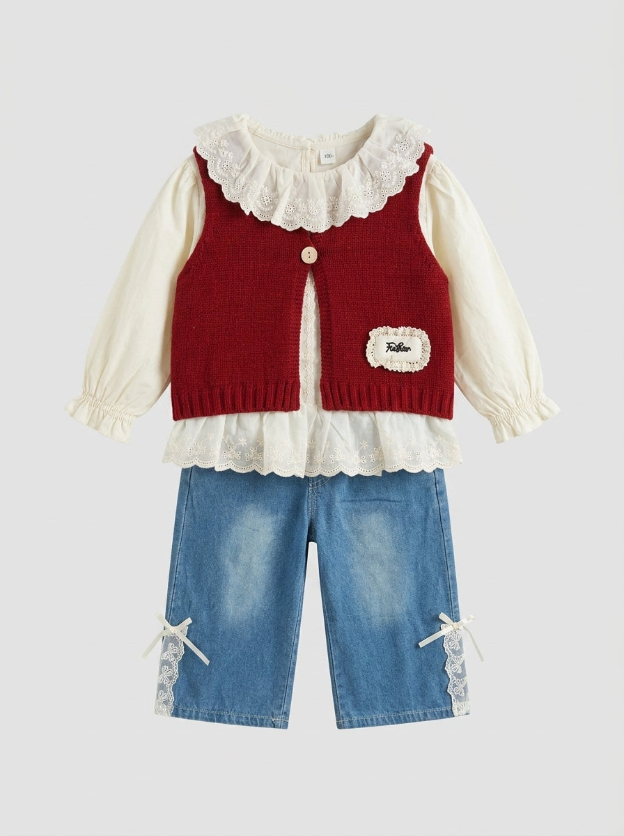 3-Piece Vintage Knit Set for Girls | Lace Ruffle Blouse | Ages 2-6