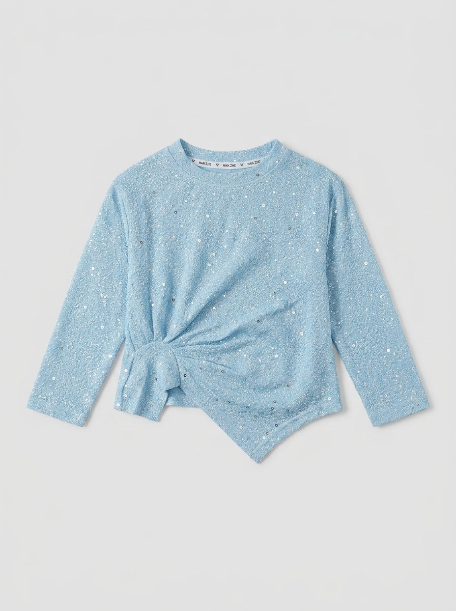 Baby Blue Sequin-Dot Boucle Long Sleeve Top for Girls | Ages 1-5