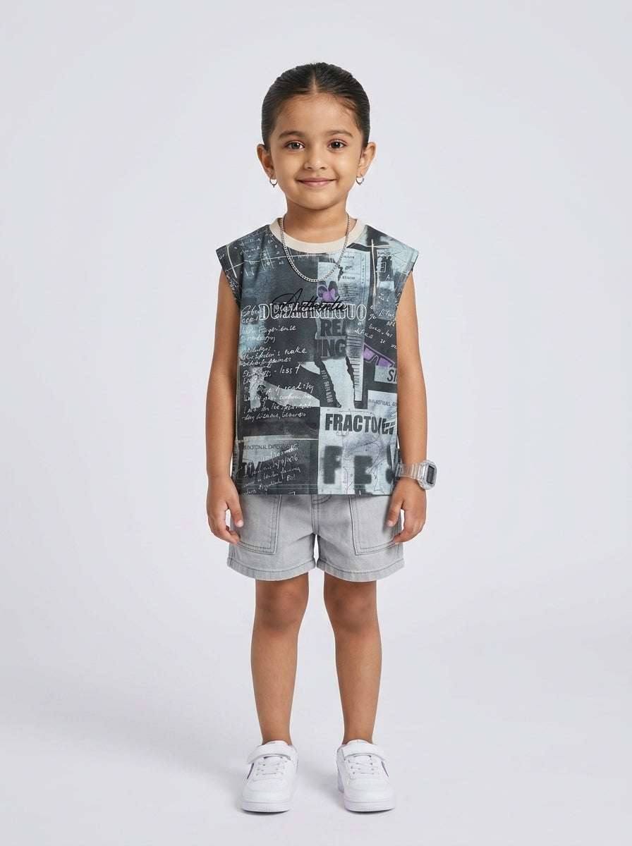Newspaper Print Sleeveless | Dark Grey | Ages 3-8