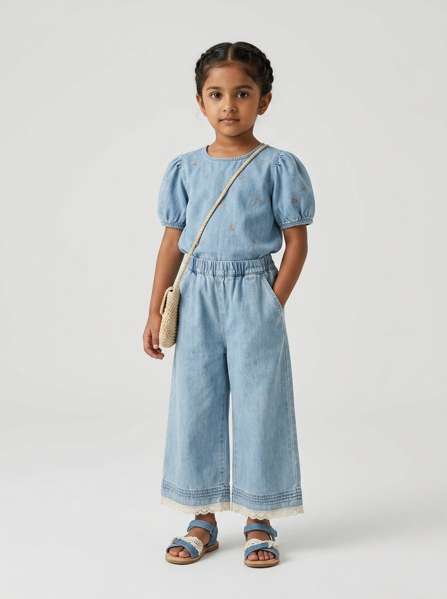 Wide-Leg Denim Pants for Girls | Lace Trim Hem | Ages 3-8