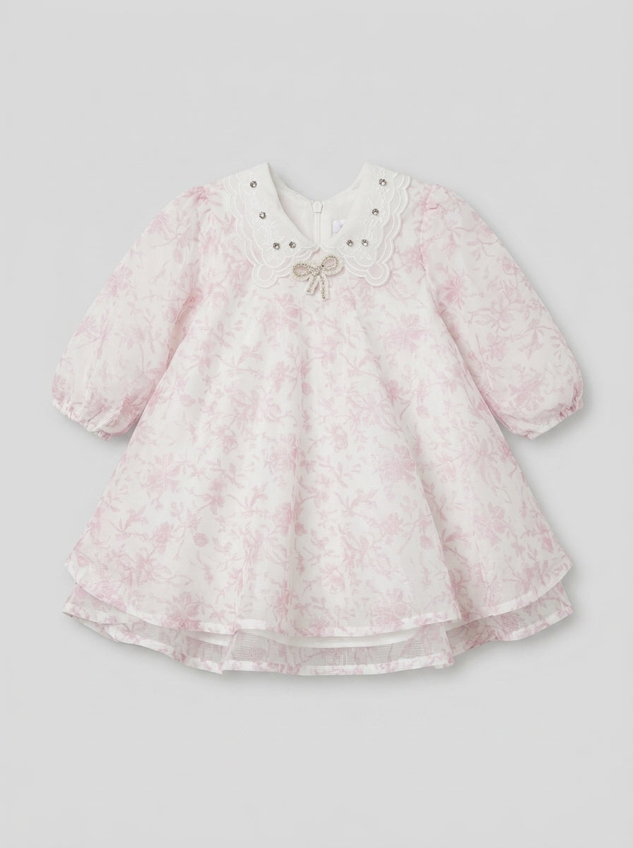 Pink Jacquard Frock with Lace Collar and Crystal Bow Brooch, Girls Ages 1-5, back view, aataa kidd