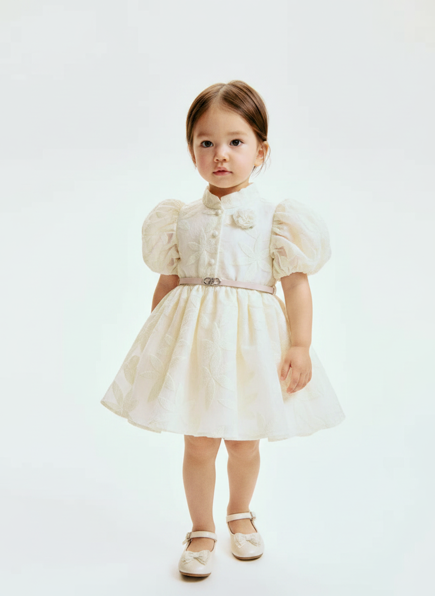 frok Iory Jacquard Puff Sleeve Party Dress with Belt