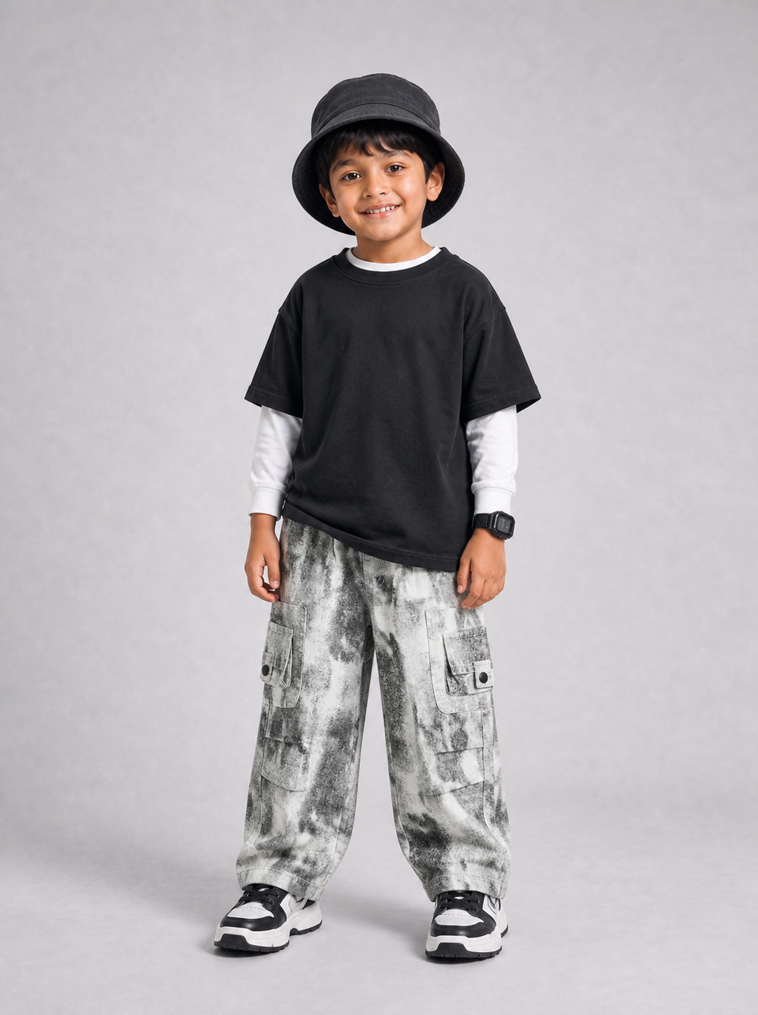 Boy wearing grey acid-wash cargo joggers in a complete outfit