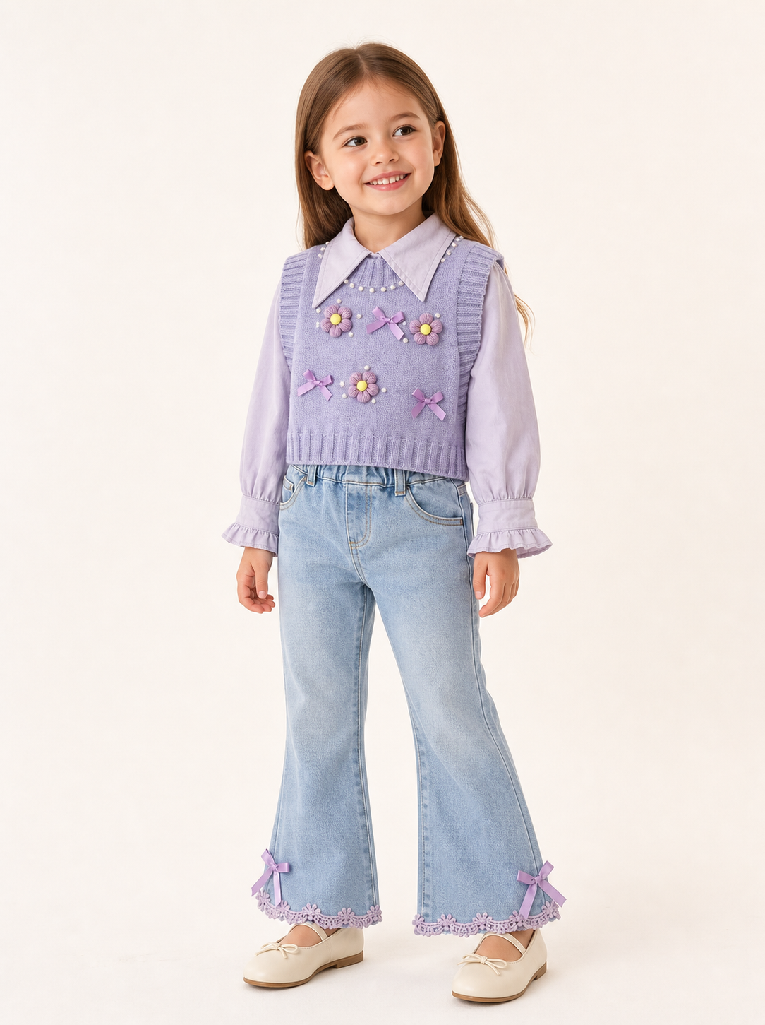 Girl wearing the lilac knit vest, lavender shirt, and denim jeans three-piece set