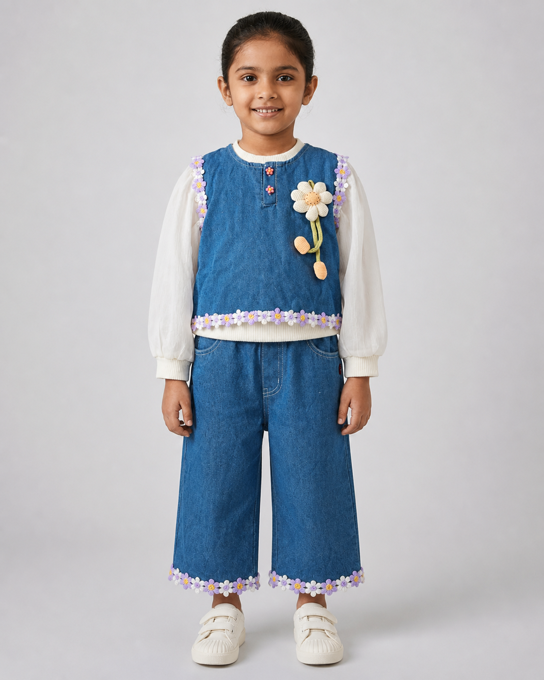 Girl wearing the purple flower trim daisy denim three-piece set