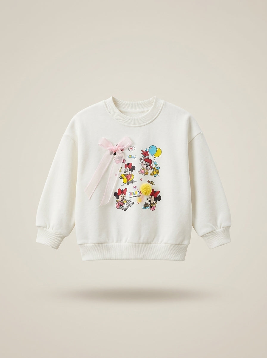 Girls Cute Cartoon Print Fleece Sweatshirt with Bow Detail, ghost mannequin studio photo, aataa kidd
