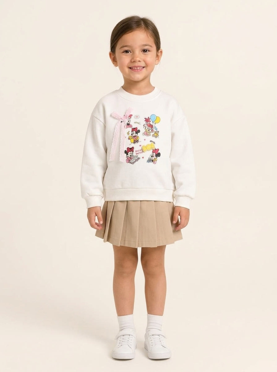 Girls Cute Cartoon Print Fleece Sweatshirt with Bow Detail, child model studio photo, aataa kidd