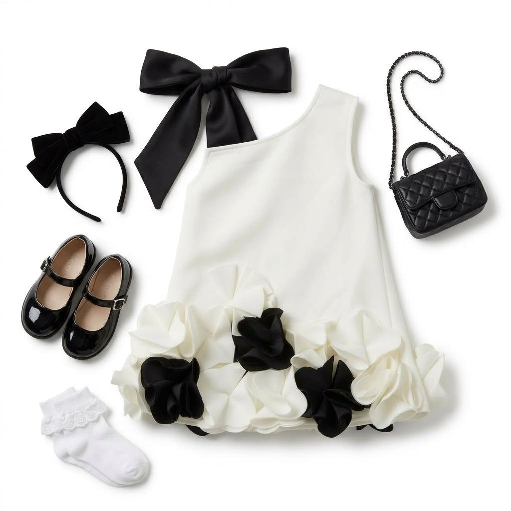 Ivory and Black 3D Floral Hem Party Dress for Girls, complete outfit styling with matching mary jane shoes headband and mini purse, aataa kidd