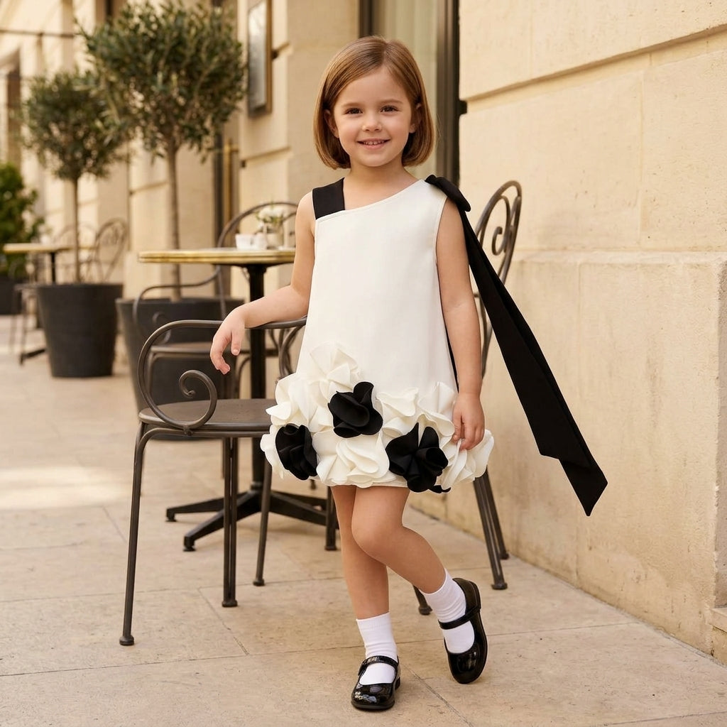 Ivory and Black 3D Floral Hem Party Dress for Girls, child model wearing exact dress at Parisian outdoor cafe, aataa kidd