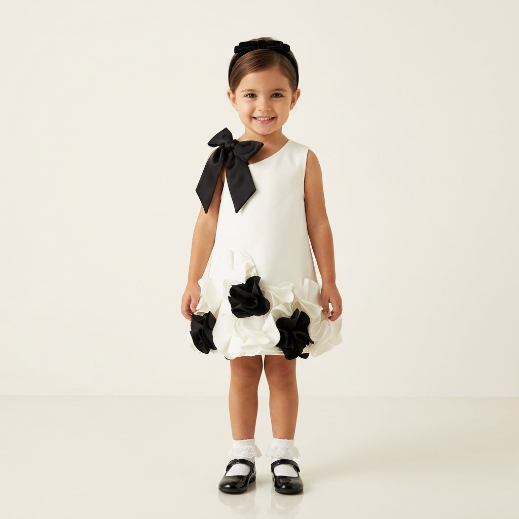Ivory and Black 3D Floral Hem Party Dress for Girls, child model wearing dress with coordinated accessories in luxury studio, aataa kidd