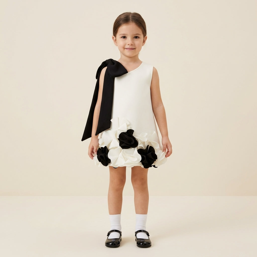 Ivory and Black 3D Floral Hem Party Dress for Girls, child model wearing exact dress on uniform cream studio backdrop, aataa kidd