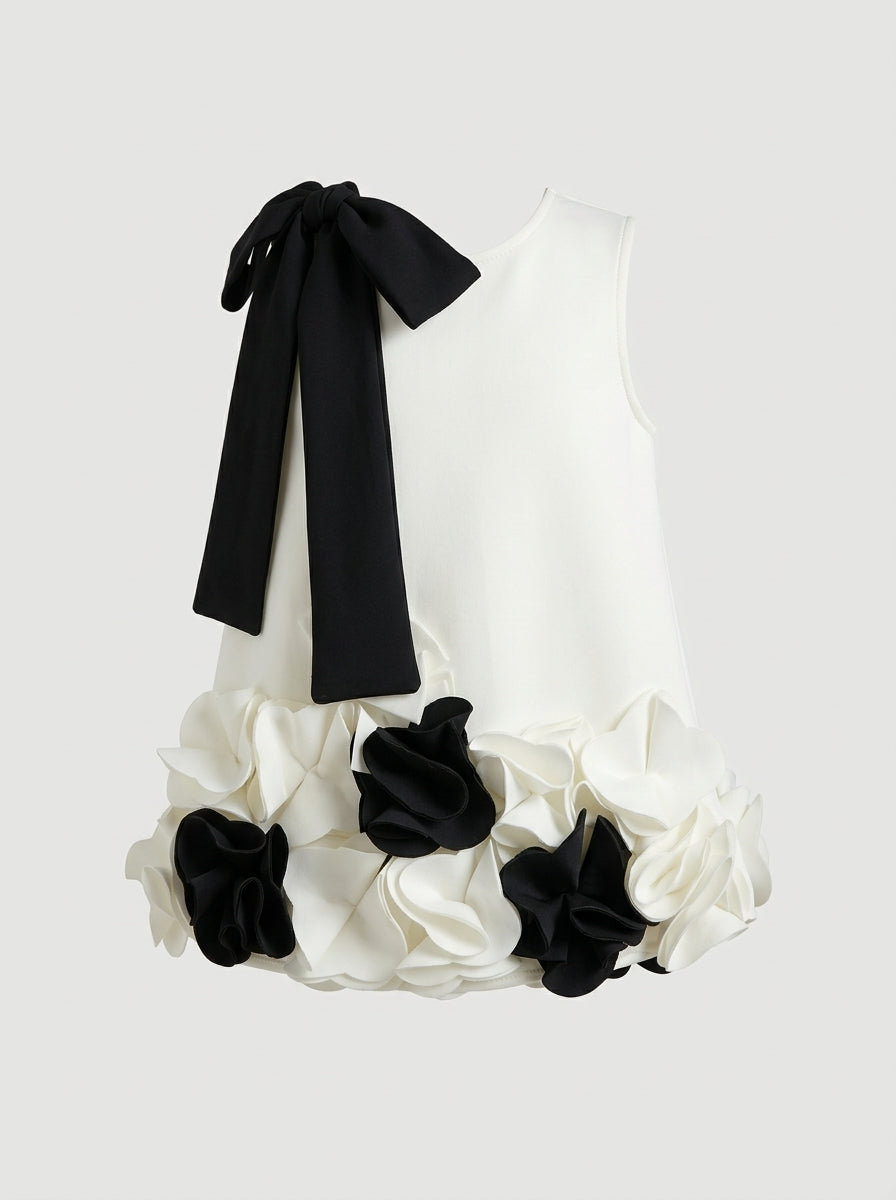 Ivory and Black 3D Floral Hem Party Dress for Girls, ghost mannequin studio product shot, aataa kidd