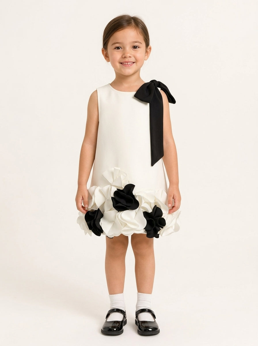 Ivory and Black 3D Floral Hem Party Dress for Girls, full body studio model wearing exact dress, aataa kidd