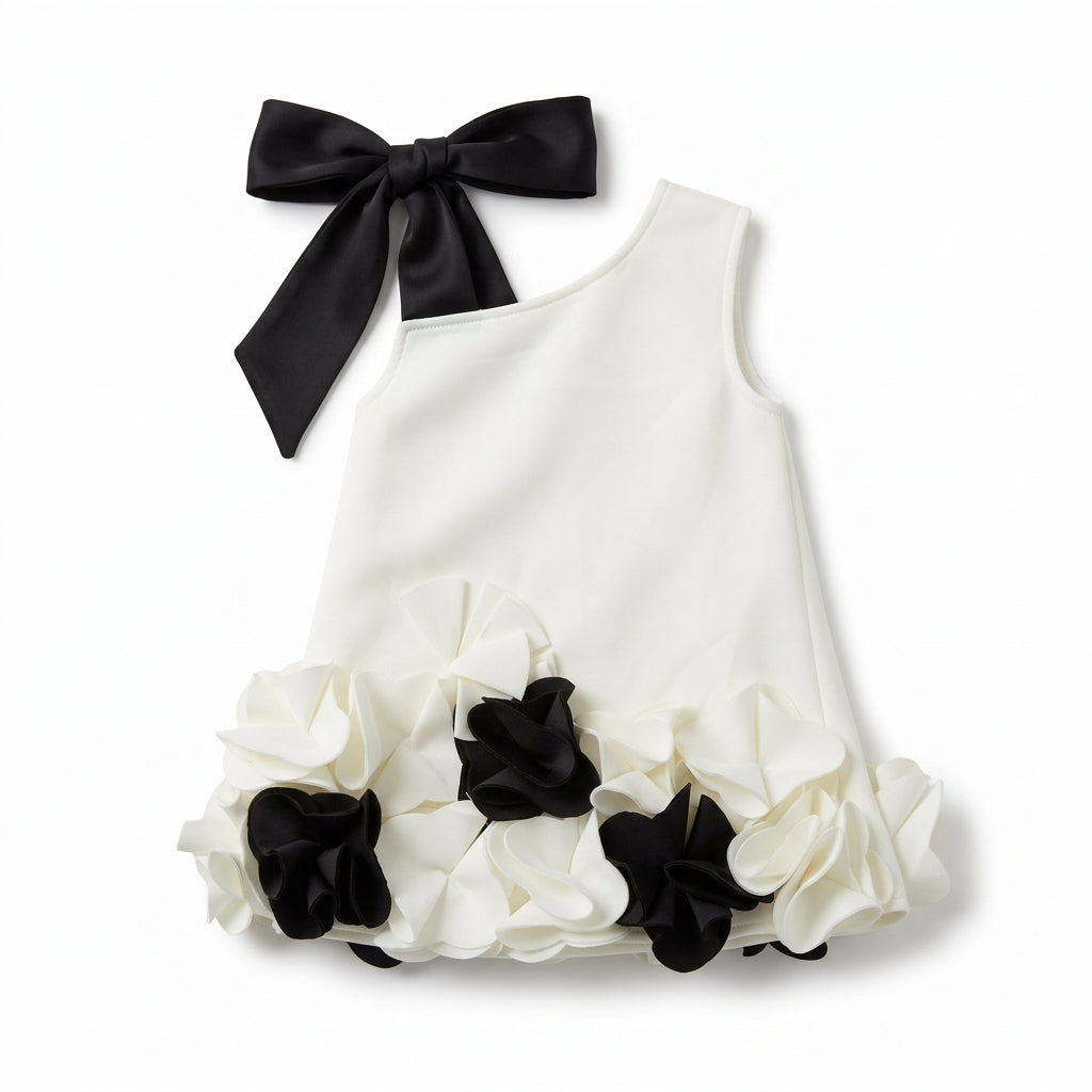 Ivory and Black 3D Floral Hem Party Dress for Girls, clean white studio background flat lay hero shot, aataa kidd