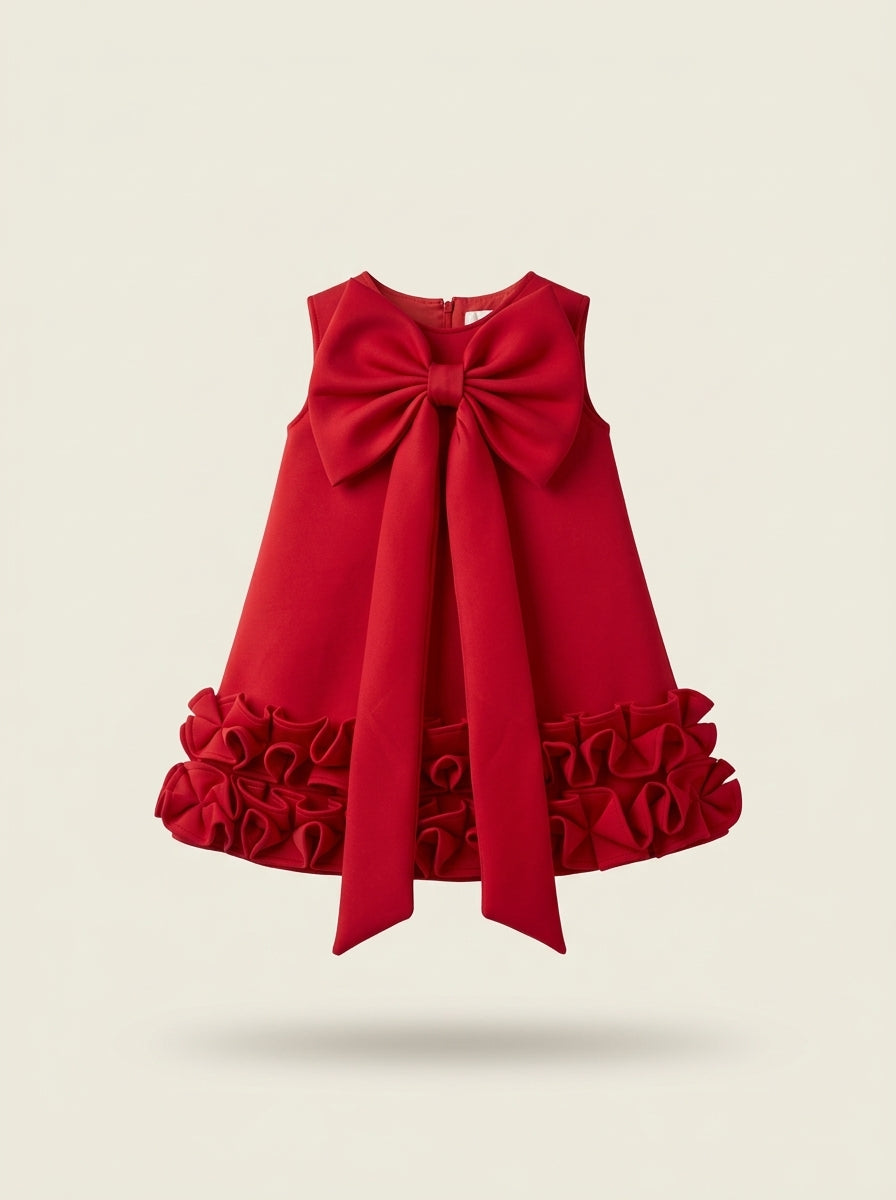 Crimson Red 3D Floral Hem Party Dress with Giant Bow, ghost mannequin studio photo, aataa kidd