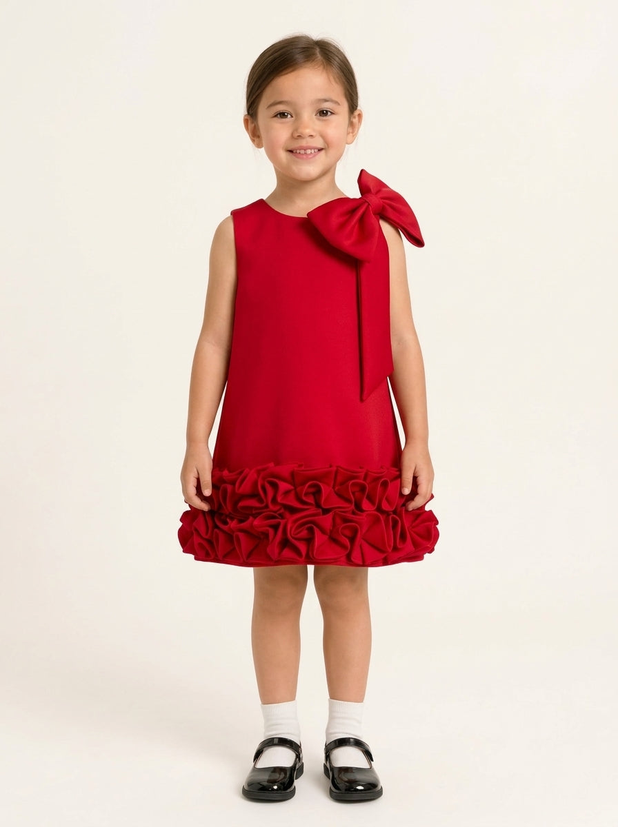 Crimson Red 3D Floral Hem Party Dress with Giant Bow, child model studio photo, aataa kidd
