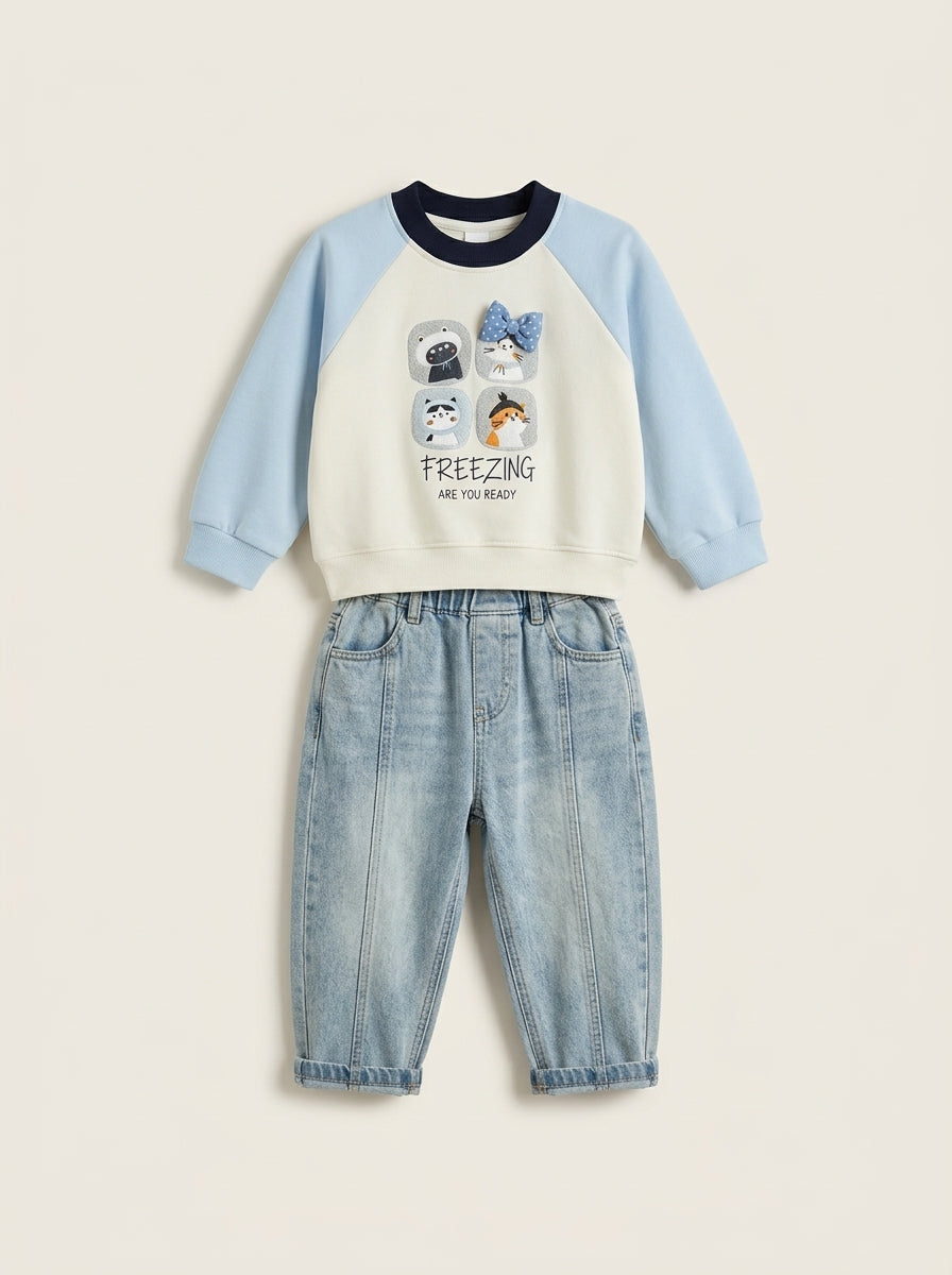 Kids Pastel Raglan Sweatshirt and Washed Denim Jeans Set, ghost mannequin studio photo, aataa kidd