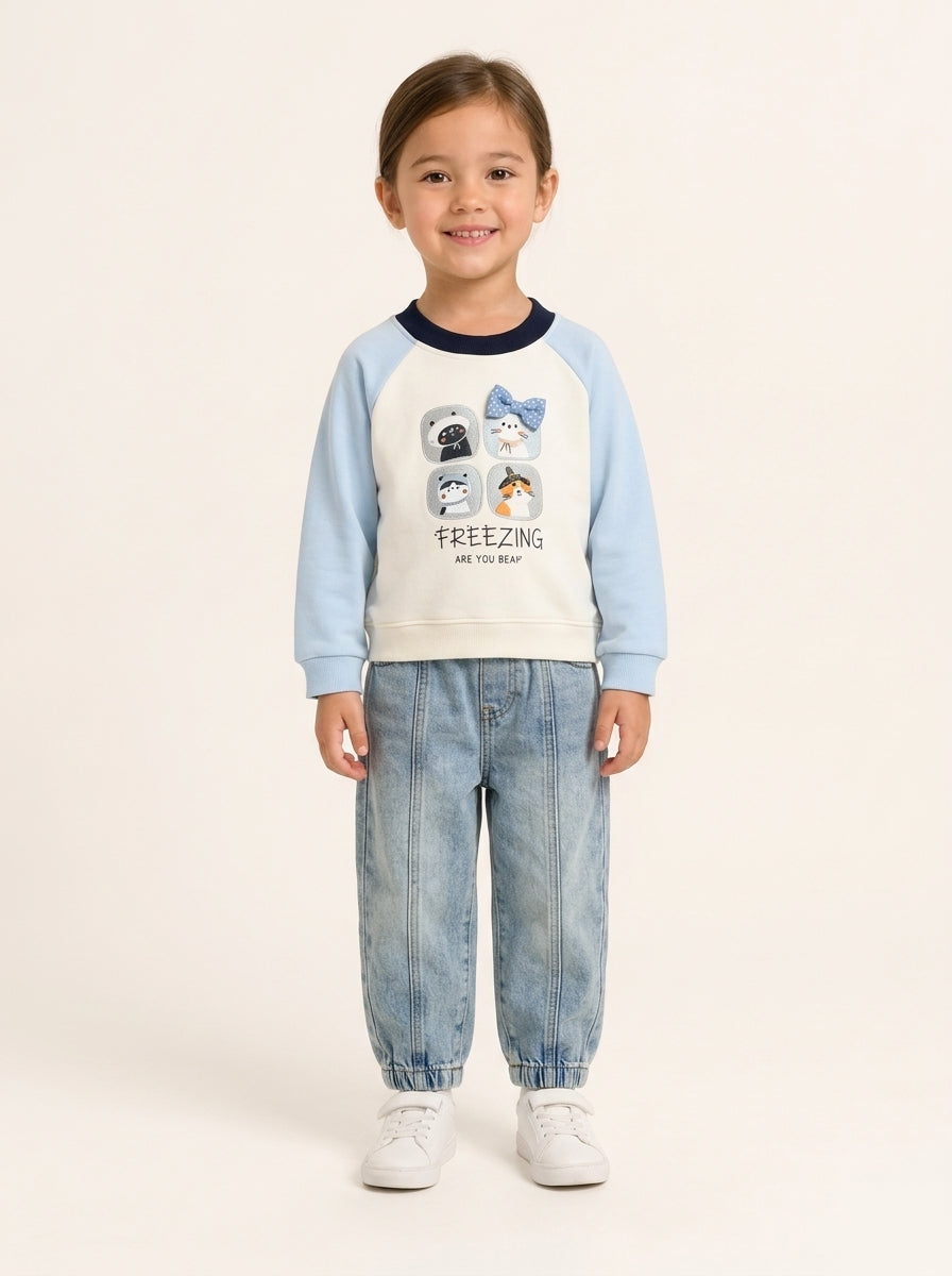 Kids Pastel Raglan Sweatshirt and Washed Denim Jeans Set, child model studio photo, aataa kidd