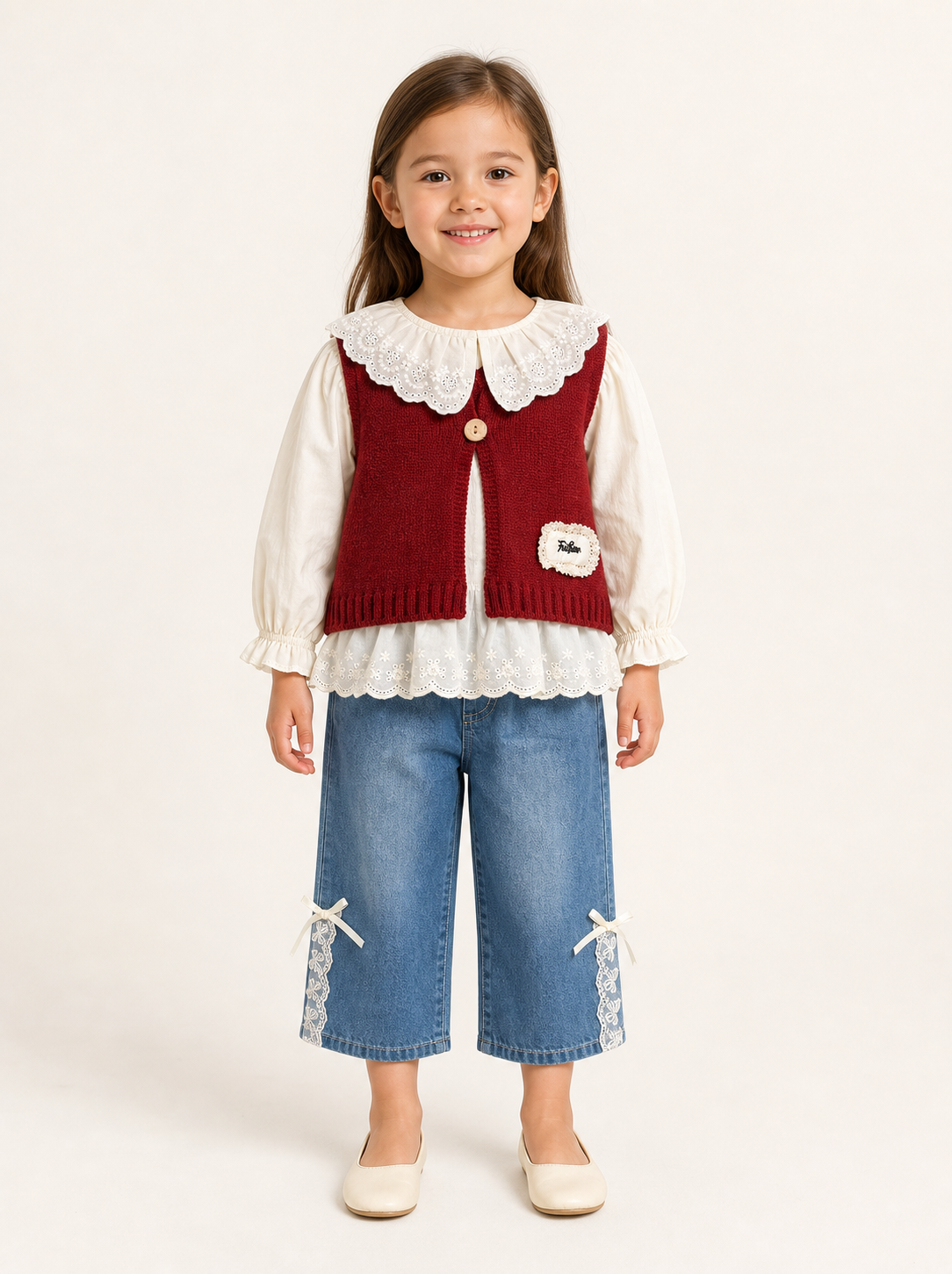Girl wearing the three-piece vintage knit set with lace blouse and denim trousers