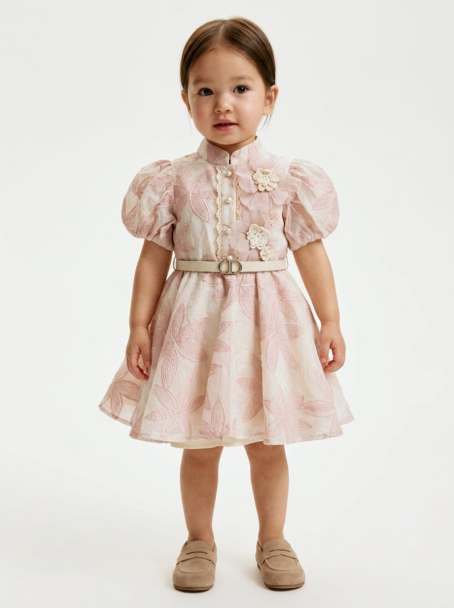 Pink Floral Jacquard Puff Sleeve Party Dress with Belt