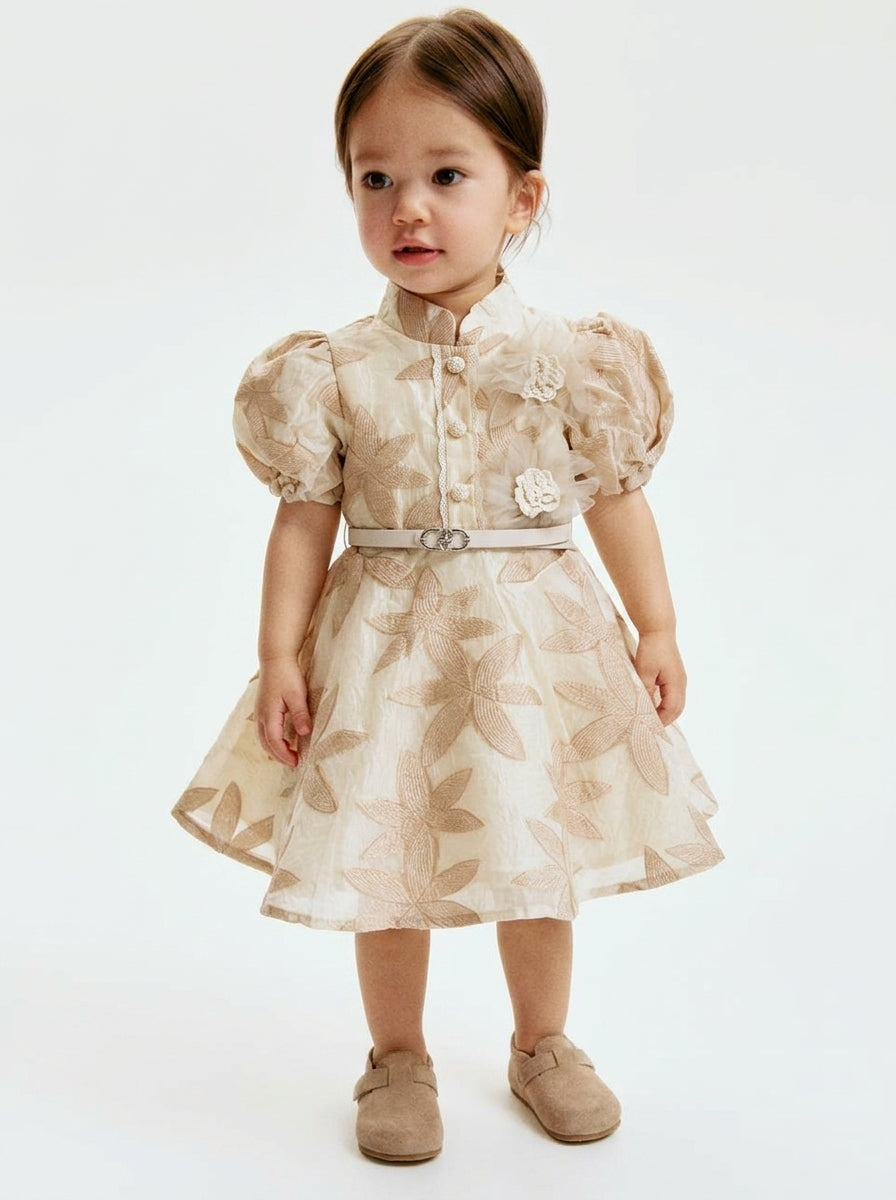 Beige Leaf Jacquard Puff Sleeve Dress with Belt