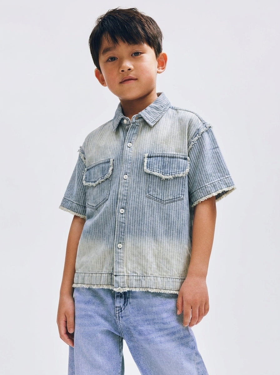 Washed Denim Stripe Shirt with Frayed Hem Detail
