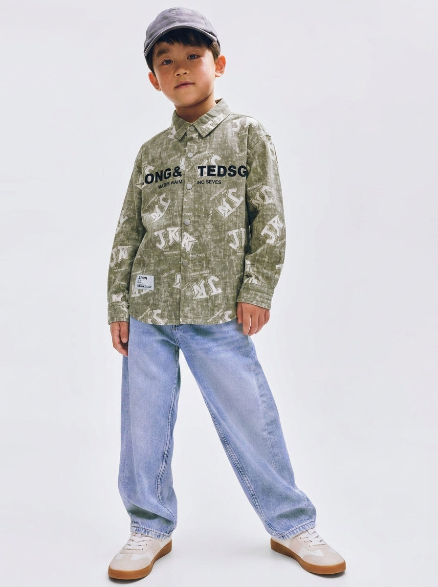 Olive Letter Graffiti Print Long Sleeve Shirt