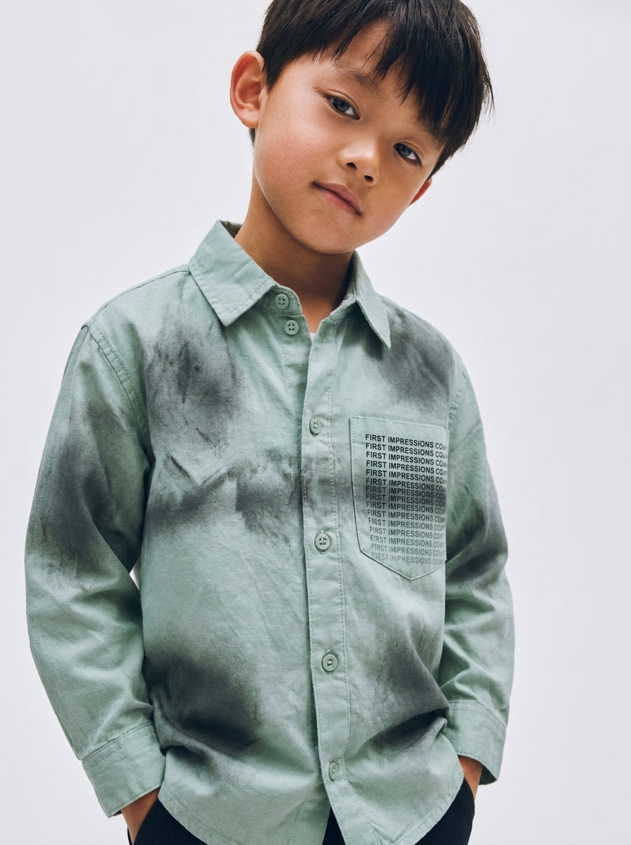 Mint Green Long Sleeve Slogan Shirt with Chest Pocket