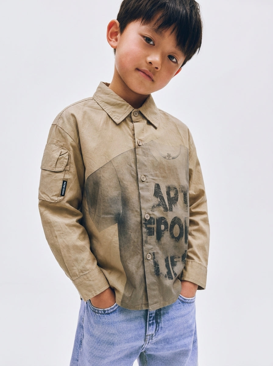 Khaki Washed "Art From Life" Graphic Long Sleeve Shirt