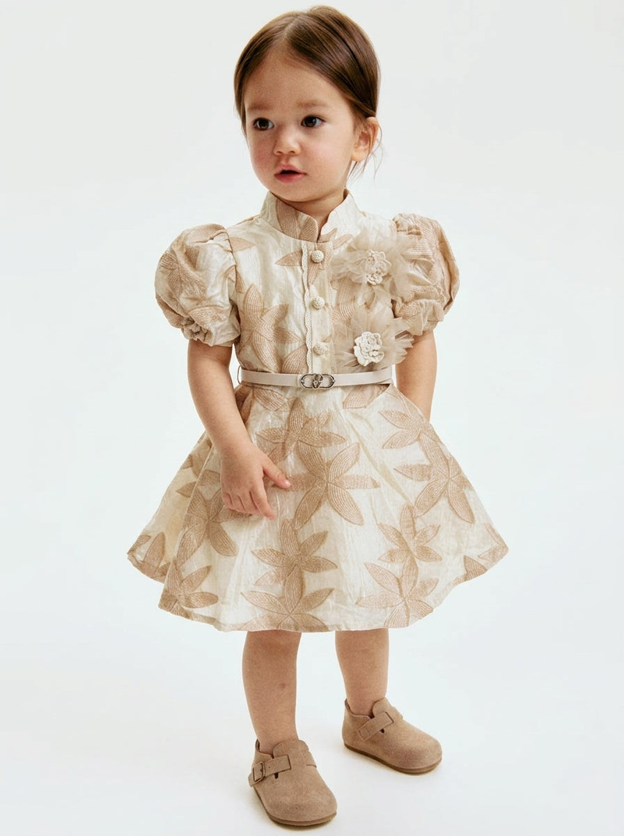 Beige Leaf Jacquard Puff Sleeve Dress with Belt