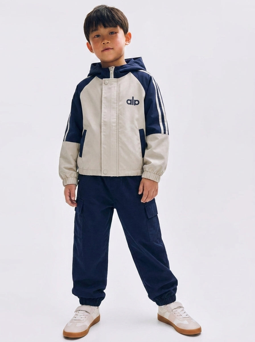 Navy & Cream Windbreaker Jacket + Cargo Pants Set