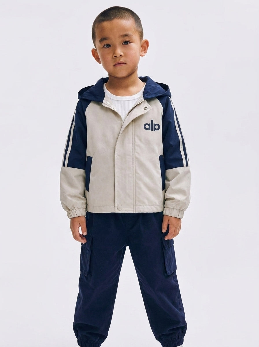 Navy & Cream Windbreaker Jacket + Cargo Pants Set