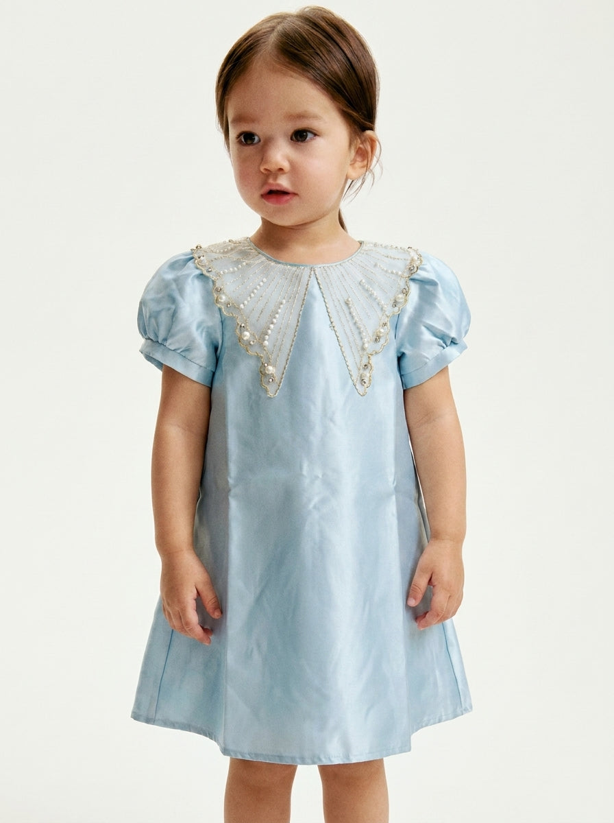 Girls Sky Blue Satin Pearl & Diamond Collar Party Dress