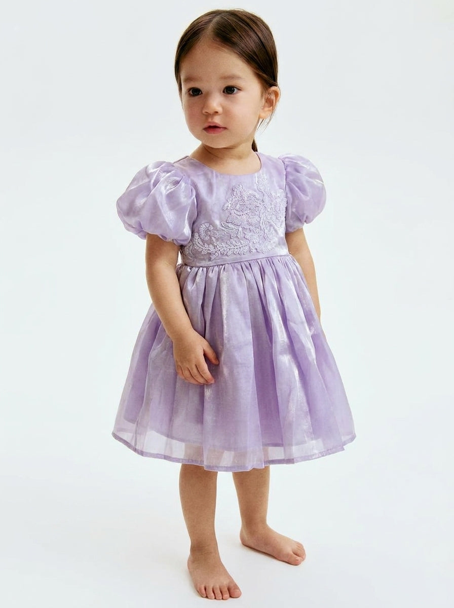 Lilac Shimmer Satin Puff Sleeve Dress with Embroidered Bodice
