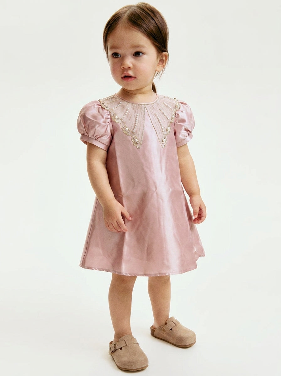 Pink Satin Pearl & Rhinestone Collar Party Dress