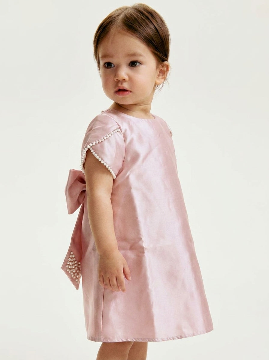 Pink Satin Dress with Oversized Bow & Pearl Sleeve Trim