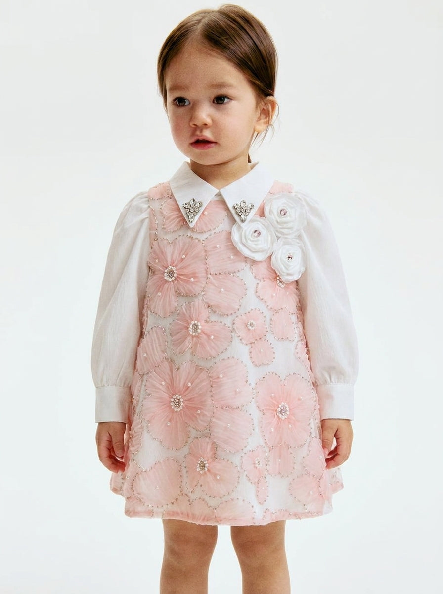 Pink Floral Beaded Skirt Set with White Jewelled Collar Shirt