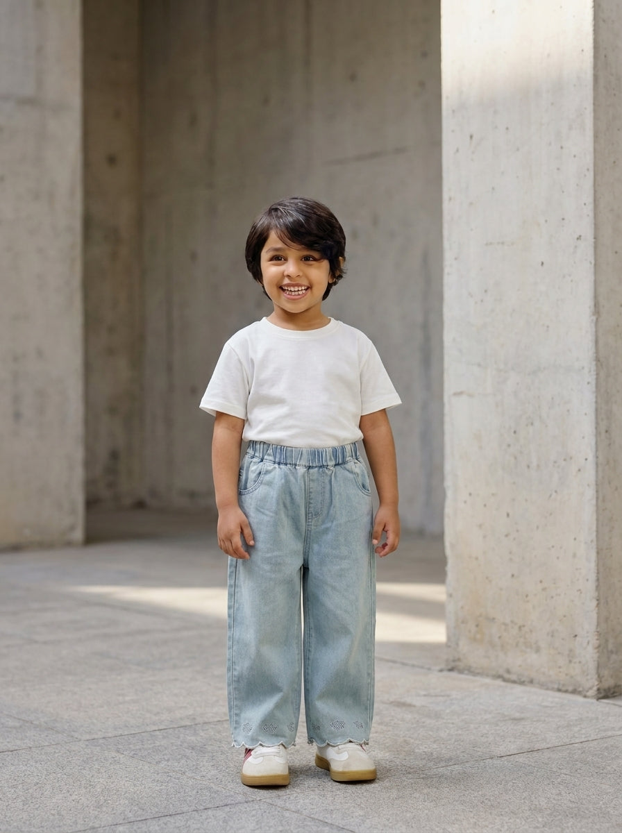 Wide-Leg Denim Pants for Girls | Floral Embroidery Hem | Ages 3-8