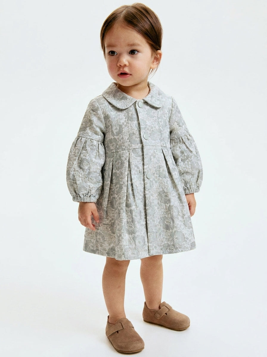 Sage Green Floral Jacquard Puff Top Dress